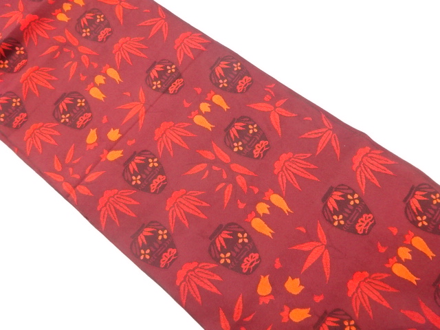 壺に笹・花模様織出し袋帯